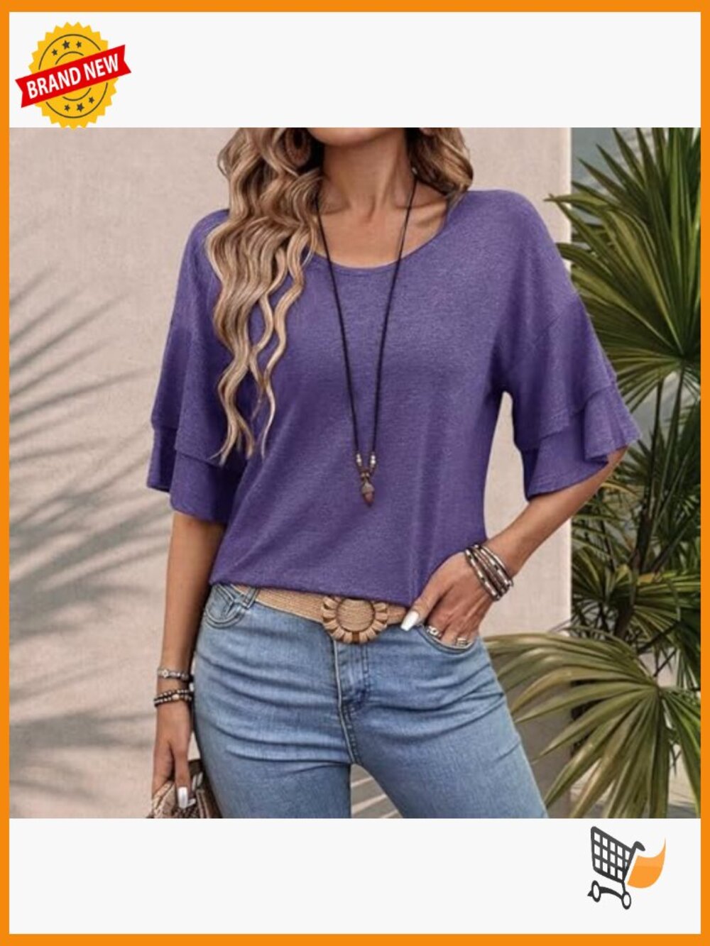 Ruffled 3/4 Bell Sleeve Crew Neck Tunic Top Loose Fit T-Shirt Blouse - Picture 4 of 7
